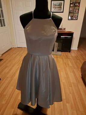 New Poly USA Neblon Silver Spaghetti Strap Fit Flare Formal Dress Size Medium